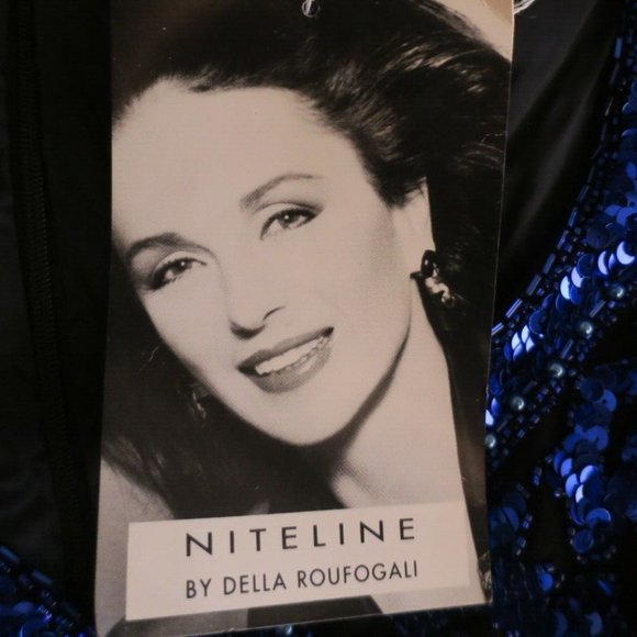 NITELINE by DELLA ROUFOGALI VINTAGE BLUE SEQUIN/STUDDED COLLAR COCKTAIL DRESS - Picture 8 of 17
